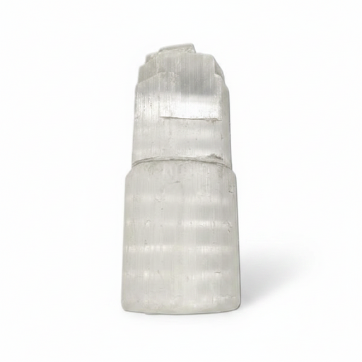 A natural selenite crystal cluster with a stepped, tiered structure, shown on a clean white background.