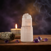 A white selenite tower  styled on a wooden surface with purple amethyst crystals, a white sage smudge bundle, and a burning tealight candle against a dark, smoky purple background.