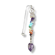 Chakra stone pendulum with a purple pendant on a white background