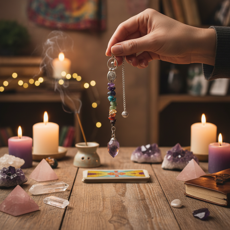 A hand holds a colorful pendulum  with a purple amethyst crystal above a wooden table decorated with candles, crystals, and a tarot card.