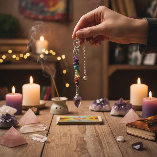 A hand holds a colorful pendulum  with a purple amethyst crystal above a wooden table decorated with candles, crystals, and a tarot card.