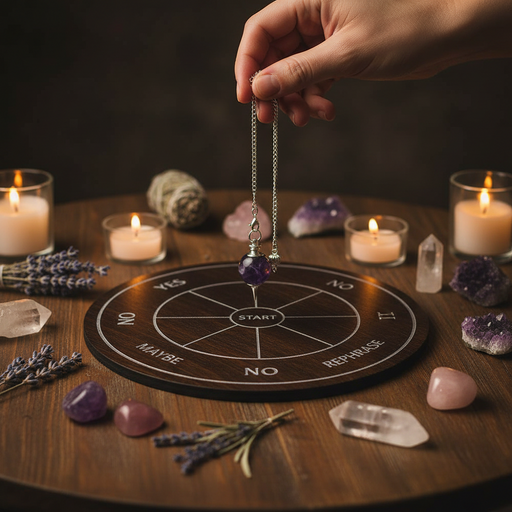 A hand holds a silver chain with a purple crystal pendulum over a wooden decision-making board labeled Yes, No, Maybe, and Rephrase, surrounded by lit candles, crystals, and lavender on a dark wooden table.