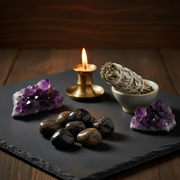 A styled arrangement on a dark slate board featuring purple amethyst crystal clusters, Dravites , a white sage smudge bundle in a small bowl, and a brass candle holder with a lit flame, set against a dark wooden background.