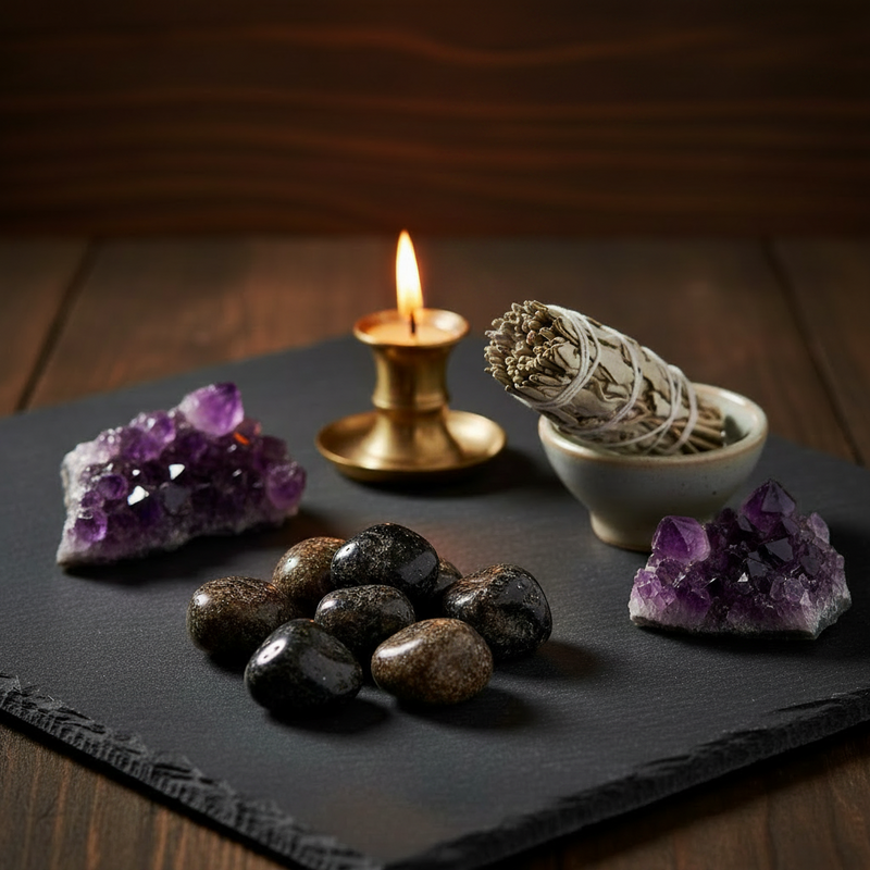 A styled arrangement on a dark slate board featuring purple amethyst crystal clusters, Dravites , a white sage smudge bundle in a small bowl, and a brass candle holder with a lit flame, set against a dark wooden background.