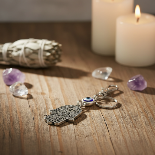 Silver Hamsa keychain with gemstones and candles on a wooden surface