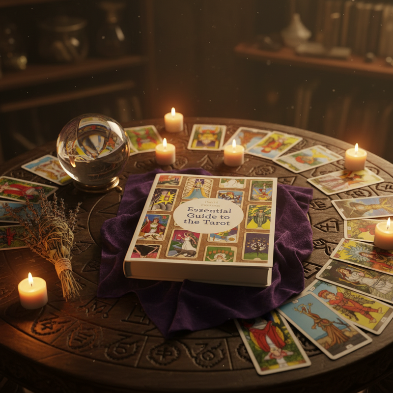 Tarot cards, book, crystal ball, and candles on a dark table with a mystical atmosphere.