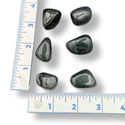Set of six dark green stones on a white surface with a ruler for scale.