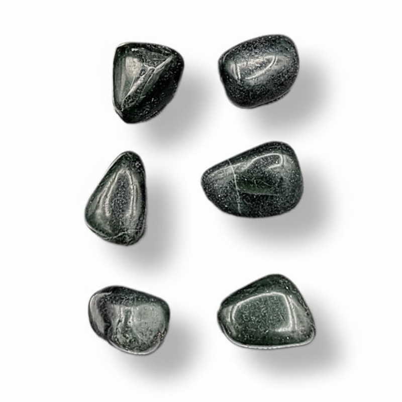 Six polished dark green tumbled stones arranged in a loose vertical column on a white background with soft drop shadows.