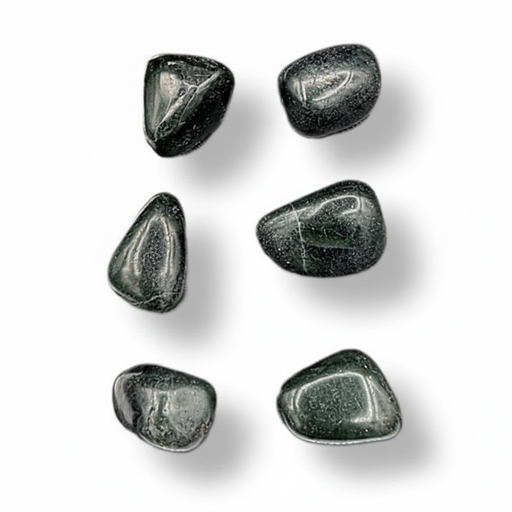 Six polished dark green tumbled stones arranged in a loose vertical column on a white background with soft drop shadows.