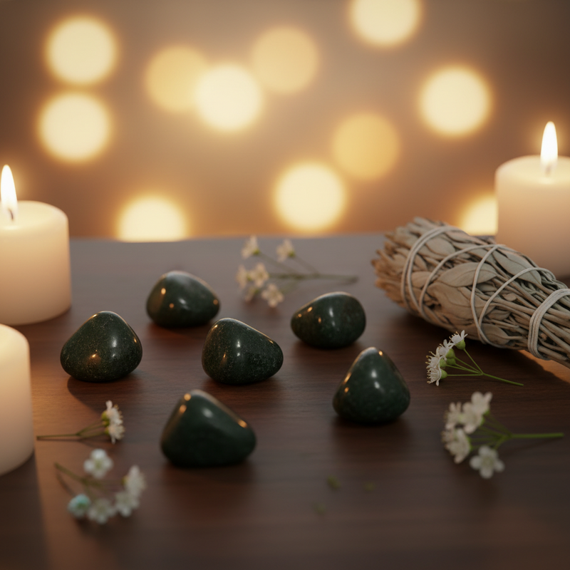 A styled arrangement of polished dark green stones on a wooden surface, surrounded by white candles, a bundle of dried sage, and small white flowers, with warm glowing bokeh lights in the background.