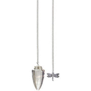Crystal quartz pendulum with dragonfly charm on a chain against a white background