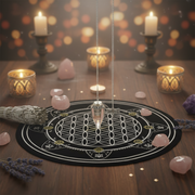 A black circular altar mat with a white geometric flower design and gold accents, styled on a wooden table with candles, crystals, a sage bundle, and a hanging clear quartz pendulum.