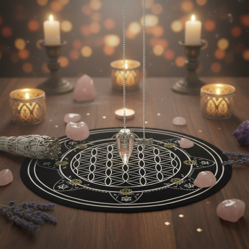 A black circular altar mat with a white geometric flower design and gold accents, styled on a wooden table with candles, crystals, a sage bundle, and a hanging clear quartz pendulum.