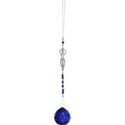 Decorative hanging ornament with blue teardrop pendant and silver chain on a white background