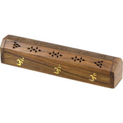 Wooden incense holder with decorative carvings on a white background