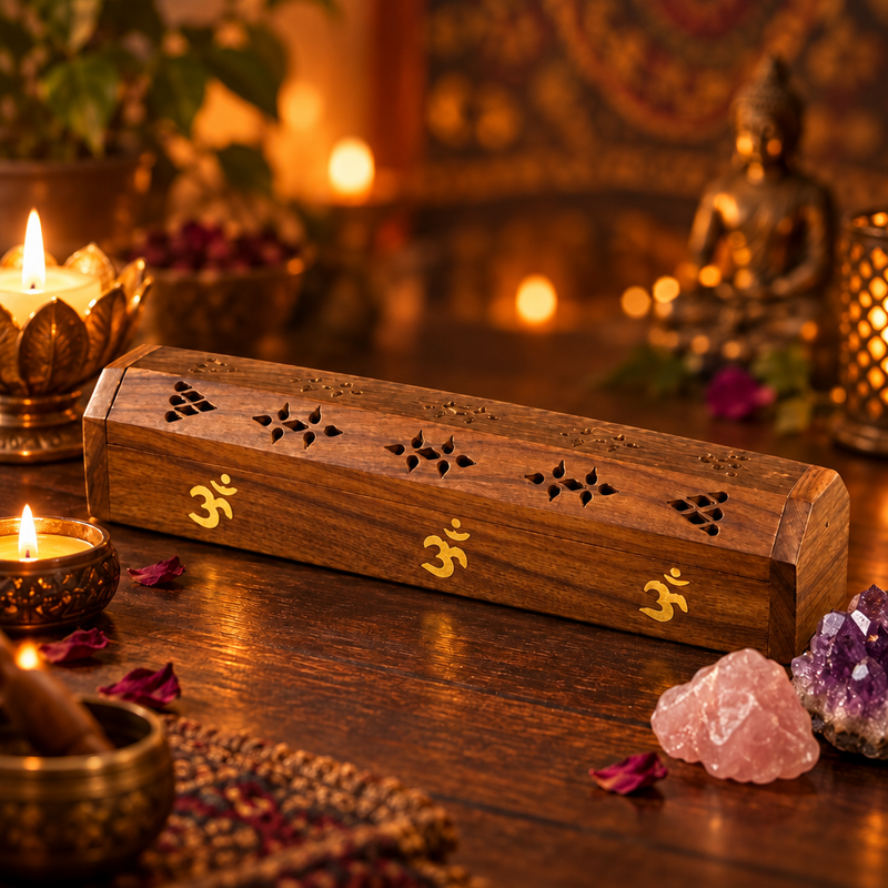 A rectangular wooden incense holder with gold Om symbols and cutout floral details, displayed on a wooden table surrounded by lit candles, rose petals, crystals, and a Buddha statue in a warm, atmospheric setting.