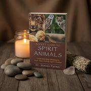Book titled 'Pocket Guide to Spirit Animals' on a wooden surface with stones and a candle.