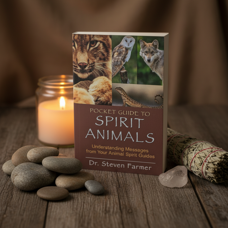 Book titled 'Pocket Guide to Spirit Animals' on a wooden surface with stones and a candle.