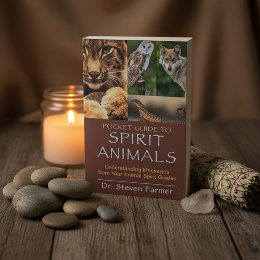 Book titled 'Pocket Guide to Spirit Animals' on a wooden surface with stones and a candle.