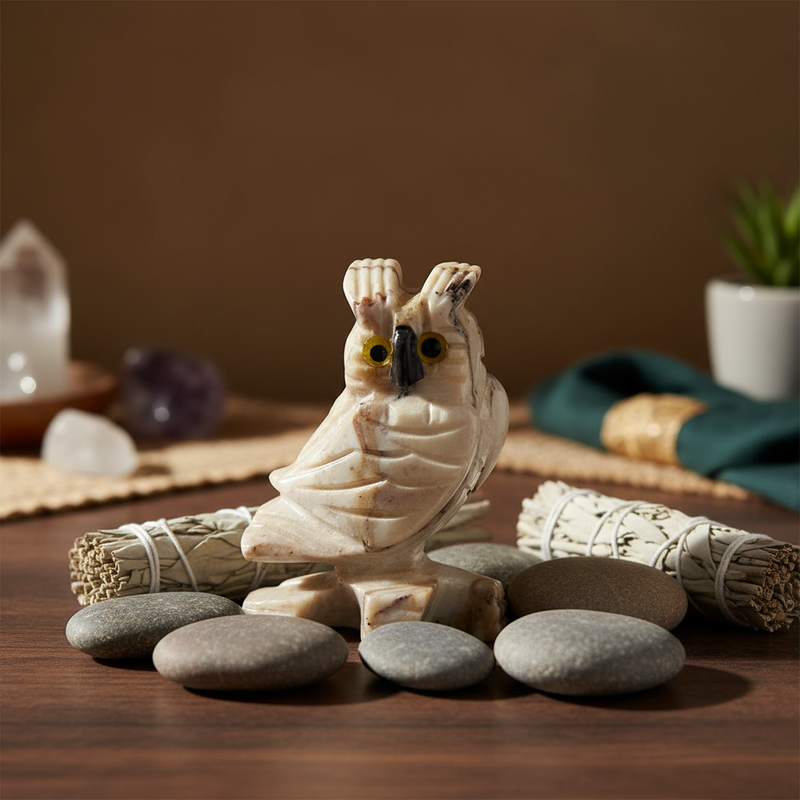 Decorative owl figurine on a wooden surface with stones and smudge sticks.
