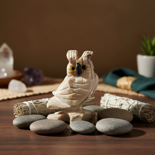 Decorative owl figurine on a wooden surface with stones and smudge sticks.