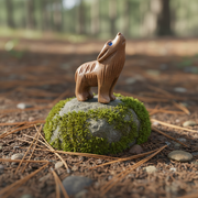 Stone wolf  figurine on a mossy rock with a forest background