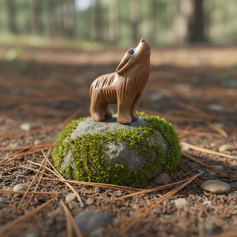 Stone wolf  figurine on a mossy rock with a forest background