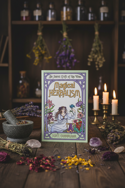 Magical Herbalism book with herbs, candles, and a mortar and pestle on a wooden surface.