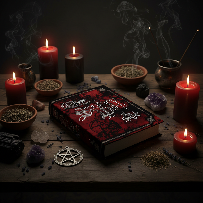 A gothic-style book titled 'Sabbat Witch' lies on a dark wooden table surrounded by lit red candles, bowls of herbs, crystals, incense, and a silver pentagram pendant in a moody, atmospheric arrangement.