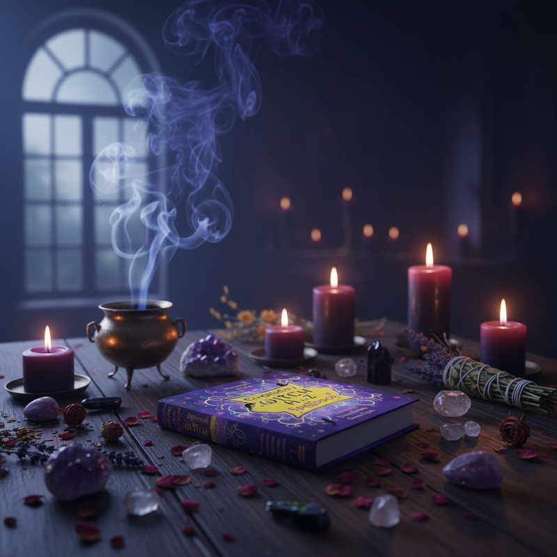 Witchcraft setup with candles, book, and crystals on a wooden table.