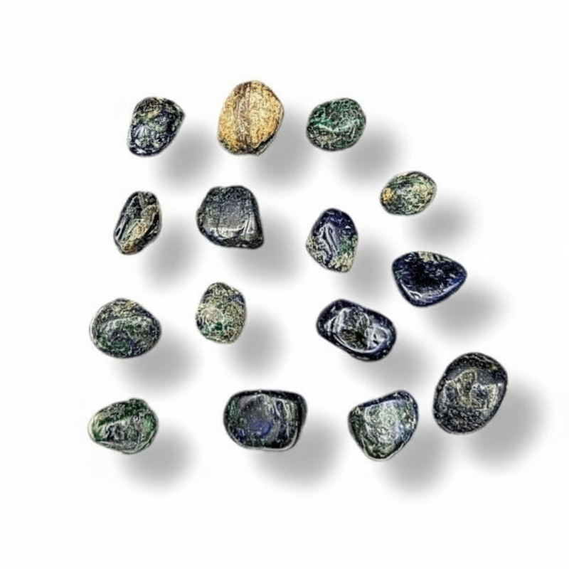 A group of polished tumbled gemstones in dark blue, green, and one natural gold-colored stone, arranged on a white background with soft drop shadows.