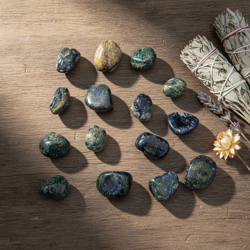 A set of polished dark blue and green tumbled stones arranged on a wooden surface, styled with a white sage bundle, dried lavender, and a small gold flower.