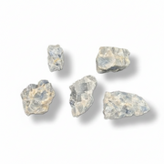 Five rough, raw blue calcite crystal formations with natural jagged edges, displaying a mix of gray, blue, and beige tones, arranged on a clean white background with soft drop shadows.
