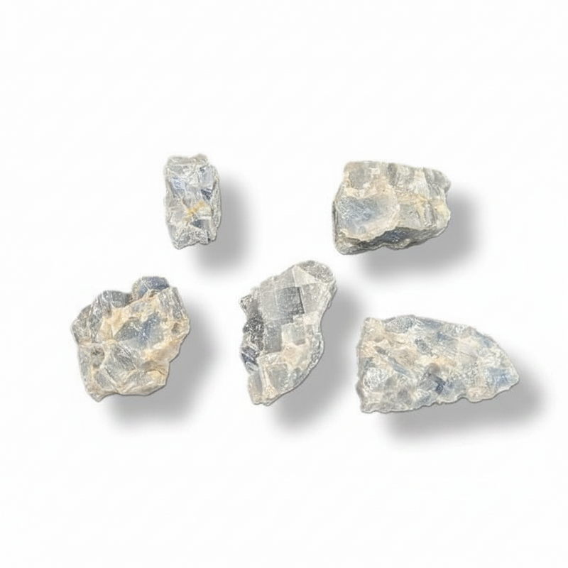 Five rough, raw blue calcite crystal formations with natural jagged edges, displaying a mix of gray, blue, and beige tones, arranged on a clean white background with soft drop shadows.