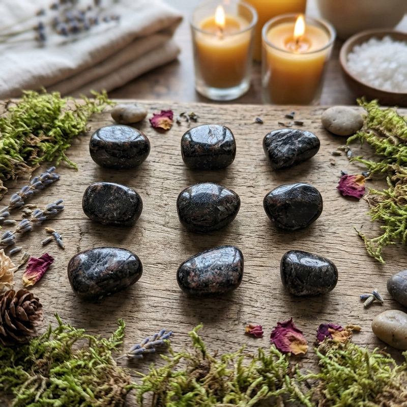 Nine polished black stones arranged in a 3x3 grid on a rustic wooden board, surrounded by green moss, dried lavender, small flowers, candles, and bath salts in a spa-like setting.