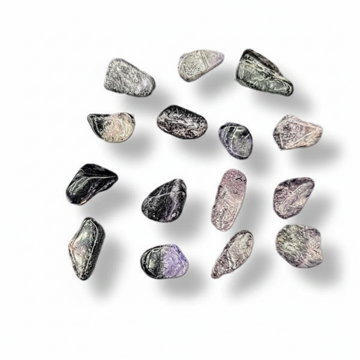 A set of polished tumbled gemstones arranged on a white background, featuring natural variations in color including gray, black, white, and subtle purple tones.