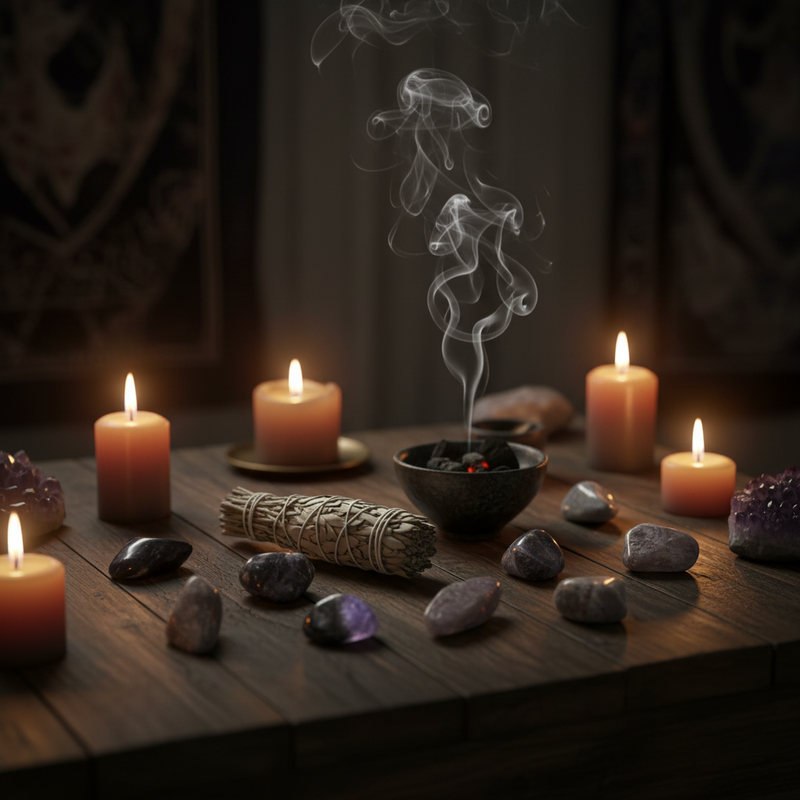 A moody tabletop arrangement with several lit candles, a smudging bundle, a bowl of blackened coals, and assorted stones and crystals on a dark wooden surface in a dim interior setting.