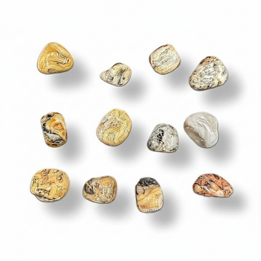 Nine polished tumbled gemstones in various earthy colors and patterns, arranged in a 3x3 grid on a white background with soft drop shadows.