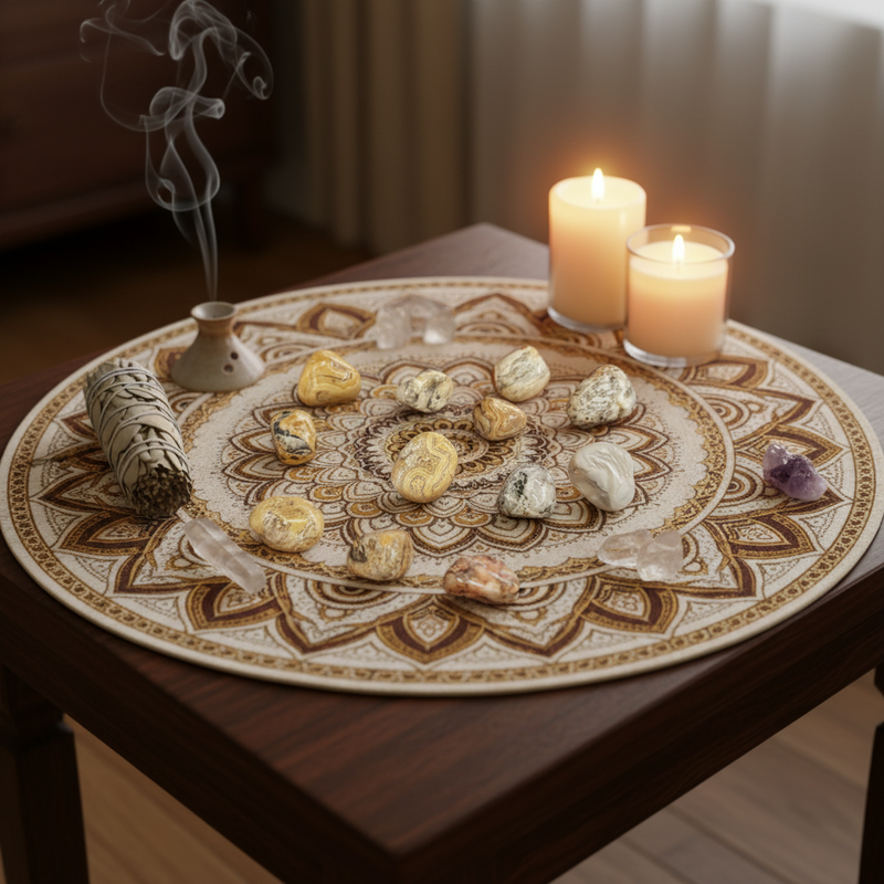 A round decorative tray with an intricate mandala-style brown and cream pattern, styled on a dark wooden table with crystals, a smudging wand, and two lit candles.