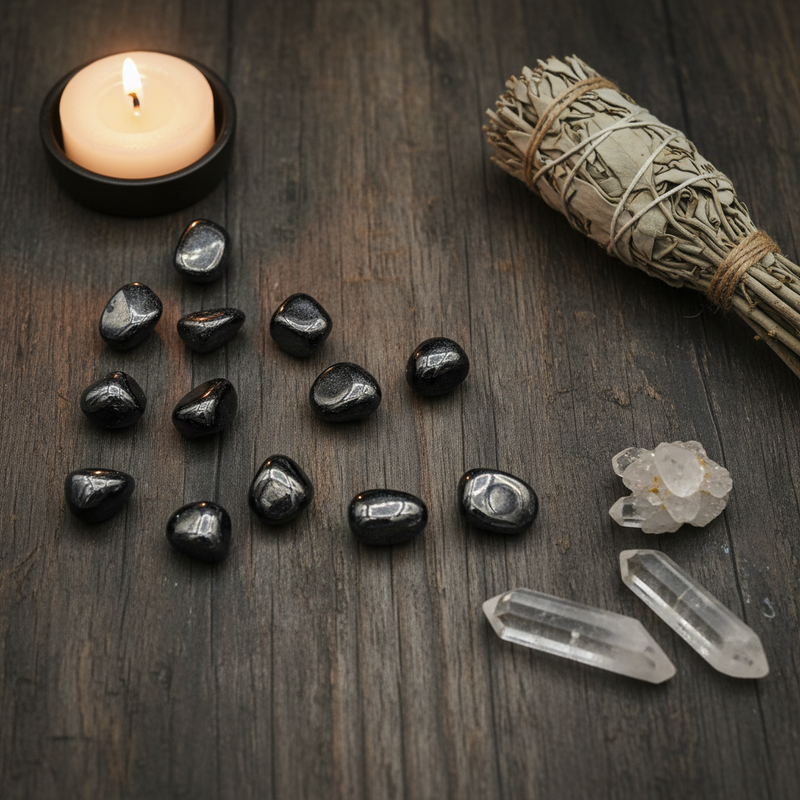 Jet tumbled on a wooden table with a candle, smudge, and quartz pieces