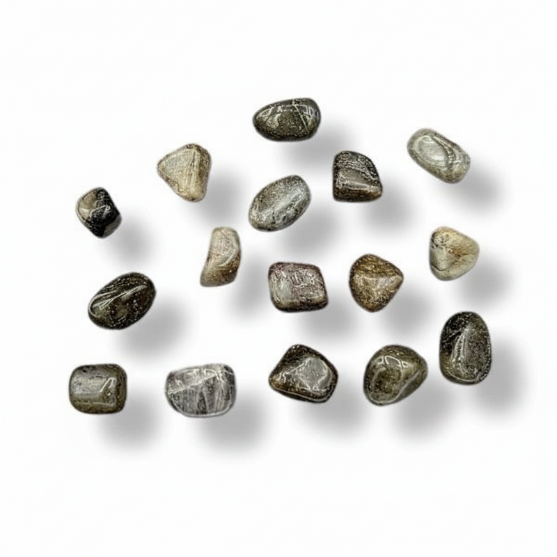 Collection of labradorite tumbled stones on a white background