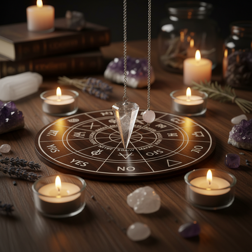 A circular tarot card oracle board with a hanging clear crystal pendulum , styled on a wooden table with lit candles, crystals, and books in a mystical setting.