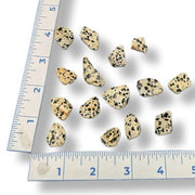 Small stones with black specks on a white background with a ruler for scale.