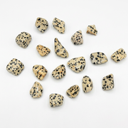 A group of small polished tumbled stones with a cream to beige base and dense black speckling, arranged on a plain white background.