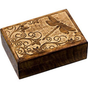 Wooden box with engraved dragonfly design on a white background