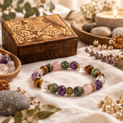 A beaded stretch bracelet made of polished crystal and gemstone beads with a gold lotus medallion, displayed on a neutral fabric surface with a wooden box, stones, dried flowers, and a candle in the background.