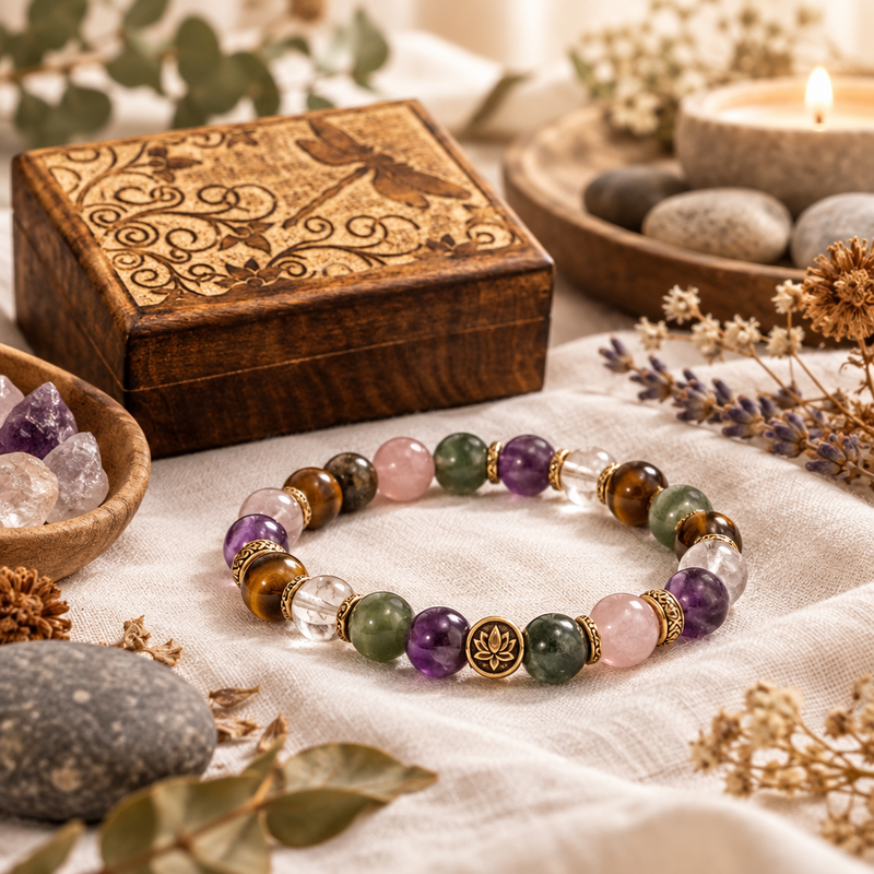 A beaded stretch bracelet made of polished crystal and gemstone beads with a gold lotus medallion, displayed on a neutral fabric surface with a wooden box, stones, dried flowers, and a candle in the background.