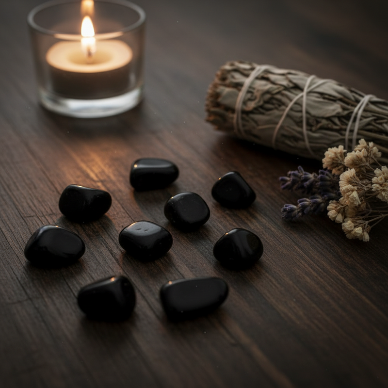 Black stones on a brown table with a tea light candle, sage and dried flowers.