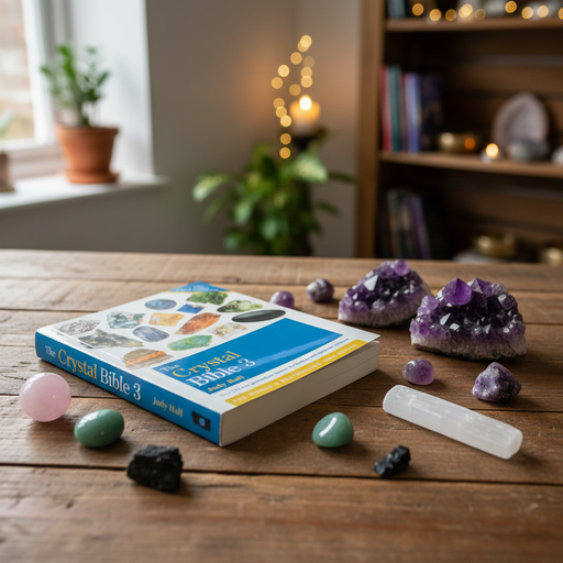 Book titled 'The Crystal Bible 3' on a wooden table with crystals and amethysts.