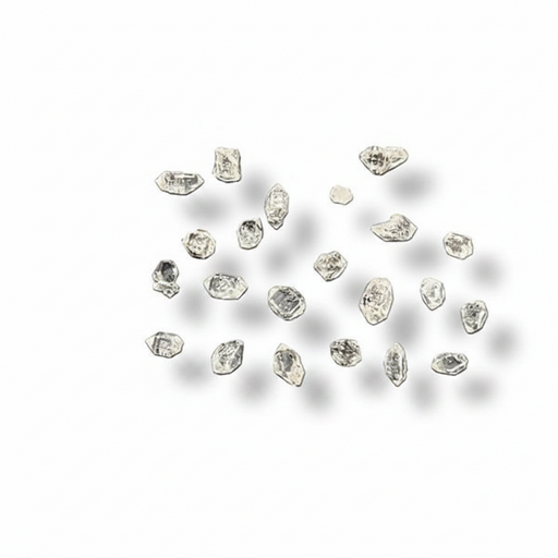 A cluster of small, irregular clear gemstones or crystals arranged on a plain white background with soft drop shadows.